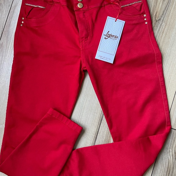 LUJURIA JEANS, Colombian Butt Lifter Rhinestone Red Skinny Jeans - Picture 7 of 10